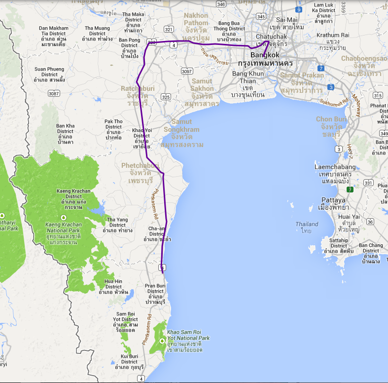 Fra Bangkok til Hua Hin, 229 km med tog.