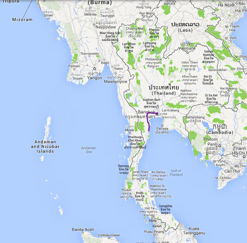 Fra Bangkok til Hua Hin, zoomet ud, så man kan se hele Thailand.