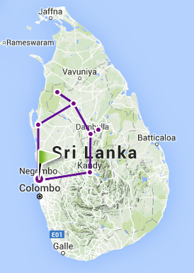 Kort over rundtur på Sri Lanka.