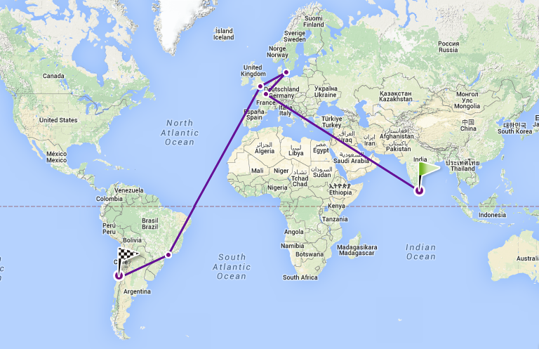 Kort over flytur fra Sri Lanka til Chile